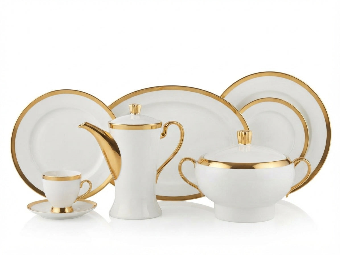 61-Piece Tall-Neck Gilded White Bone China Dinnerware Set