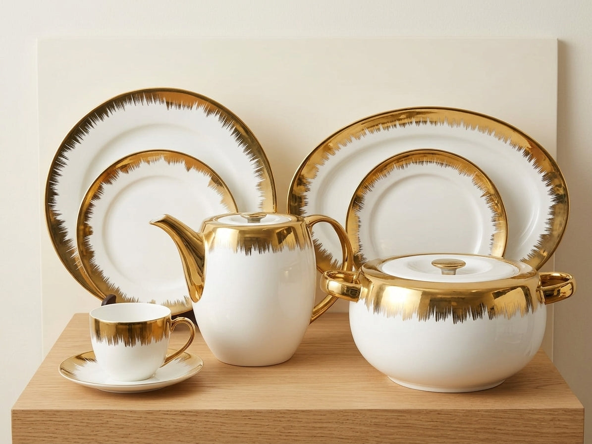 61-Piece Modern Flat-Top Gilded Bone China Dinner Set for 8