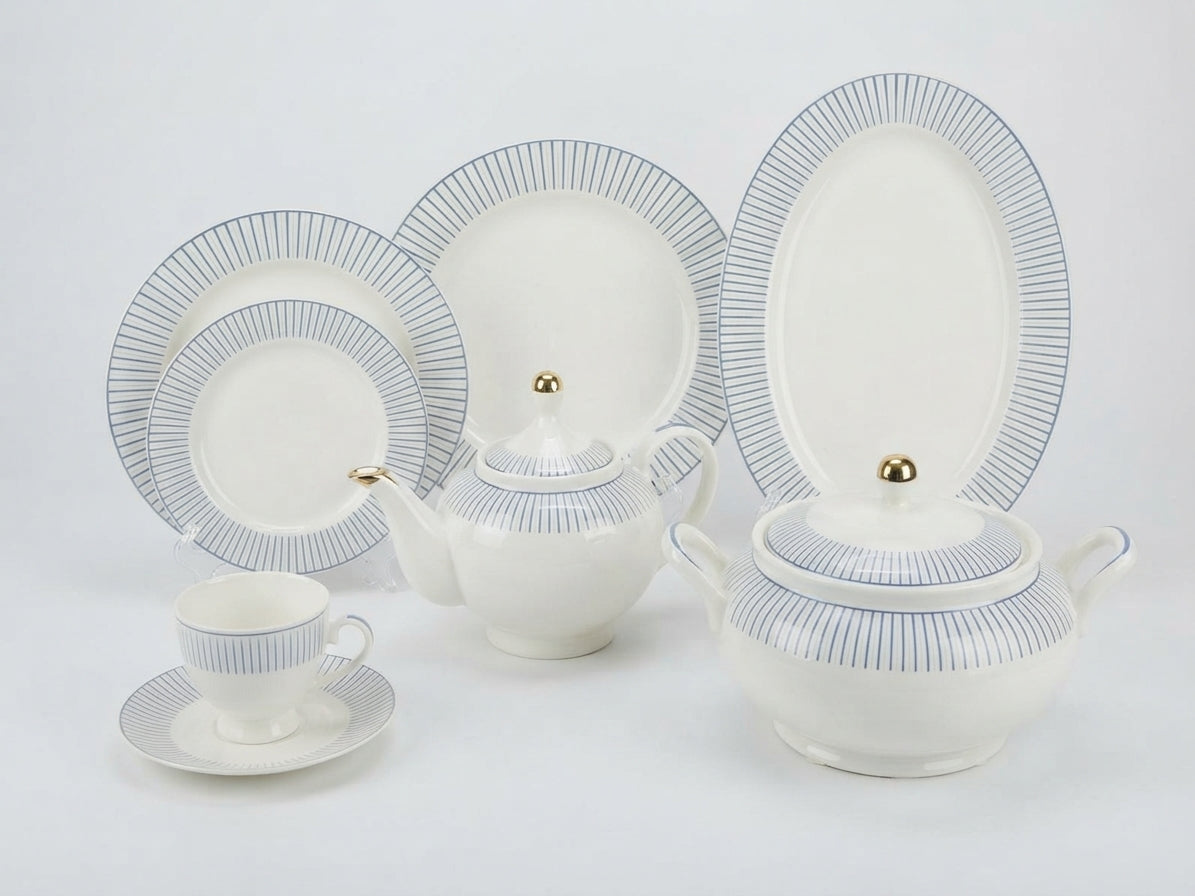Blue Line Pattern Ceramic Dinner Set 61Pcs – 8 Person