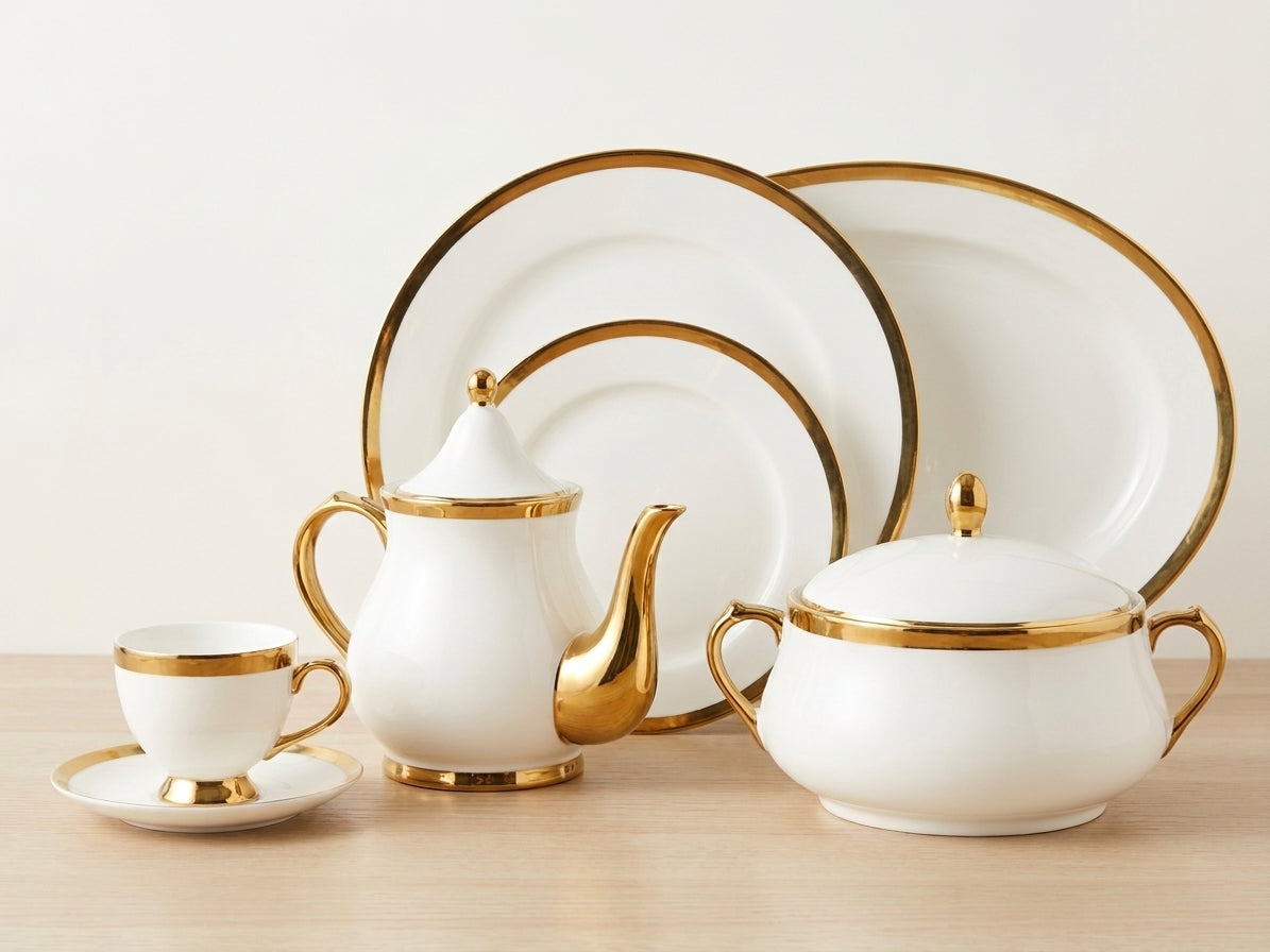 61-Piece Classic Gold Rim Bone China Dinnerware Set