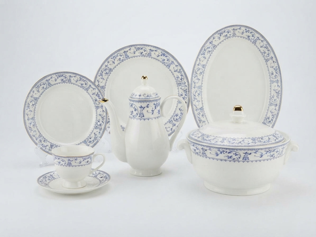 Blue Floral Vine Ceramic Dinner Set 61Pcs – 8 Person