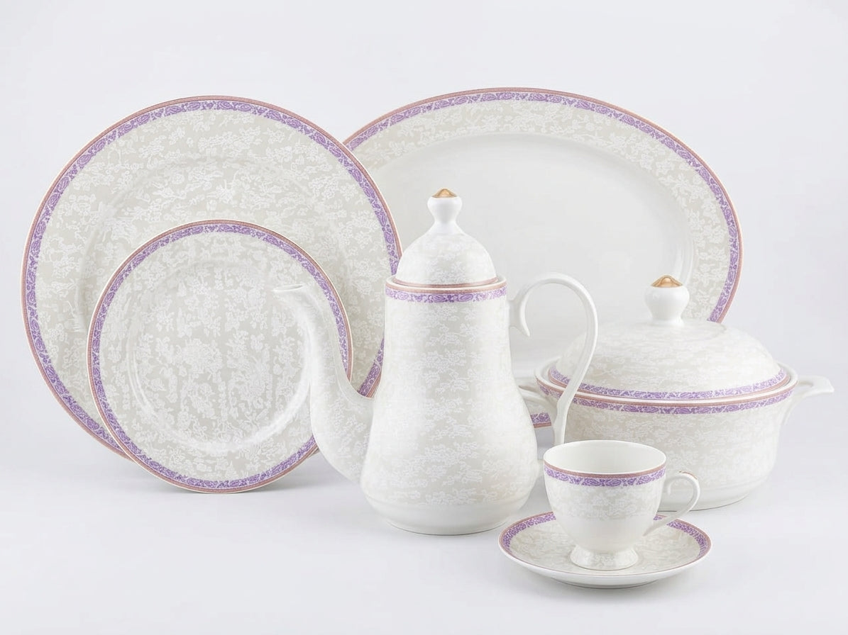 61-Piece Lavender Paisley & Damask Porcelain Dinner Set for 8