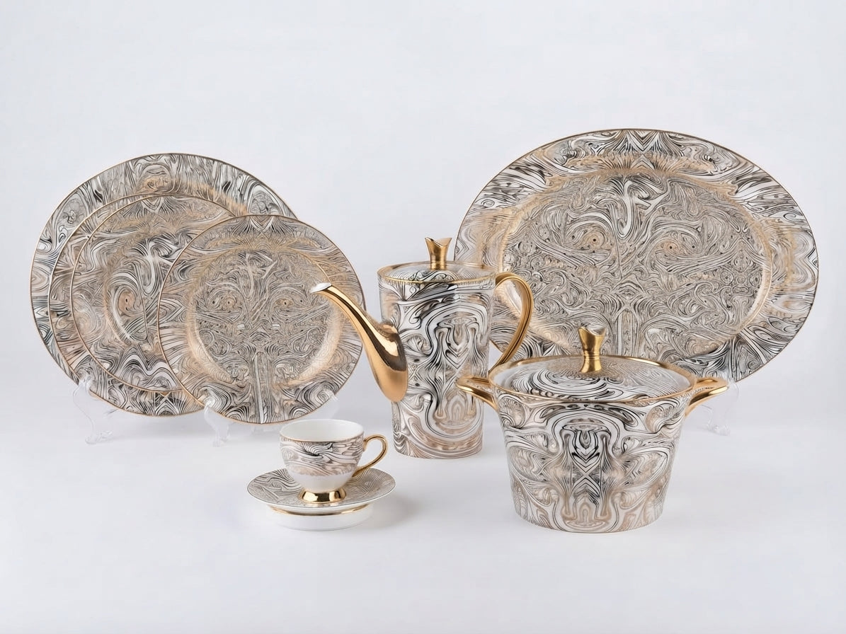 72-Piece Luxury Black, White & Gold Marbled Design Dinnerware Set