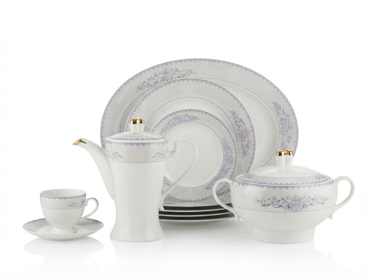 61-Piece Elegant Filigree Bone China Dinnerware Set with Gold Accents