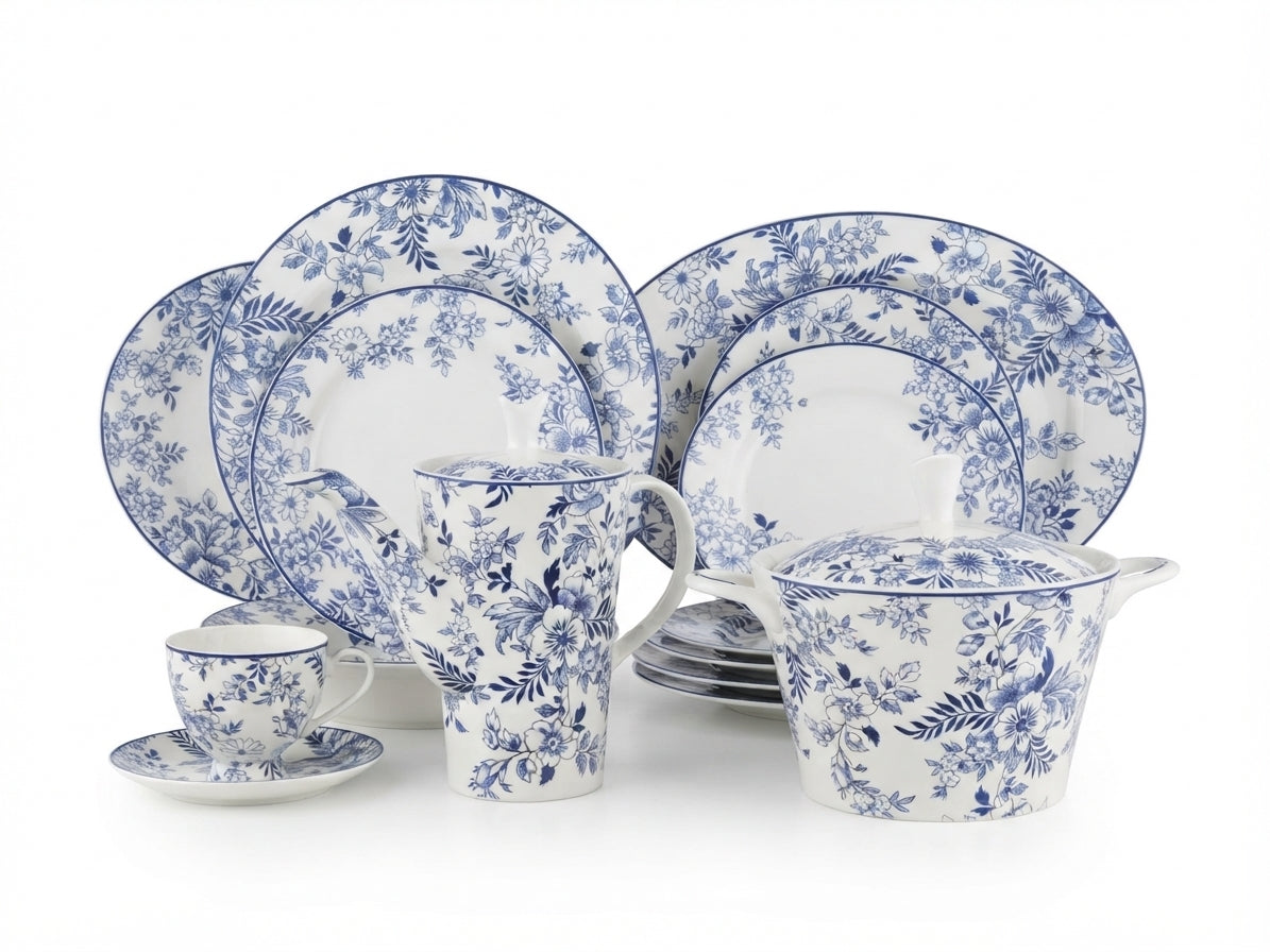 61-Piece Cobalt Blue Floral Botanical Bone China Dinnerware Set