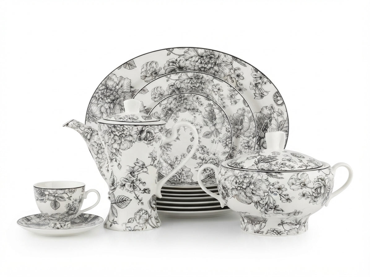 61-Piece Elegant Rose Floral Bone China Dinnerware Set