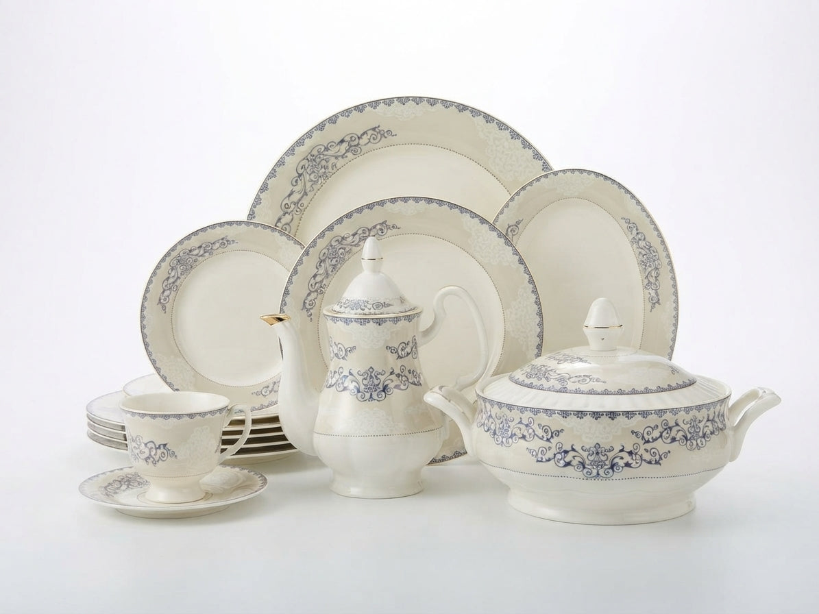 Ivory Blue Ornamental Ceramic Dinner Set 61Pcs – 8 Person