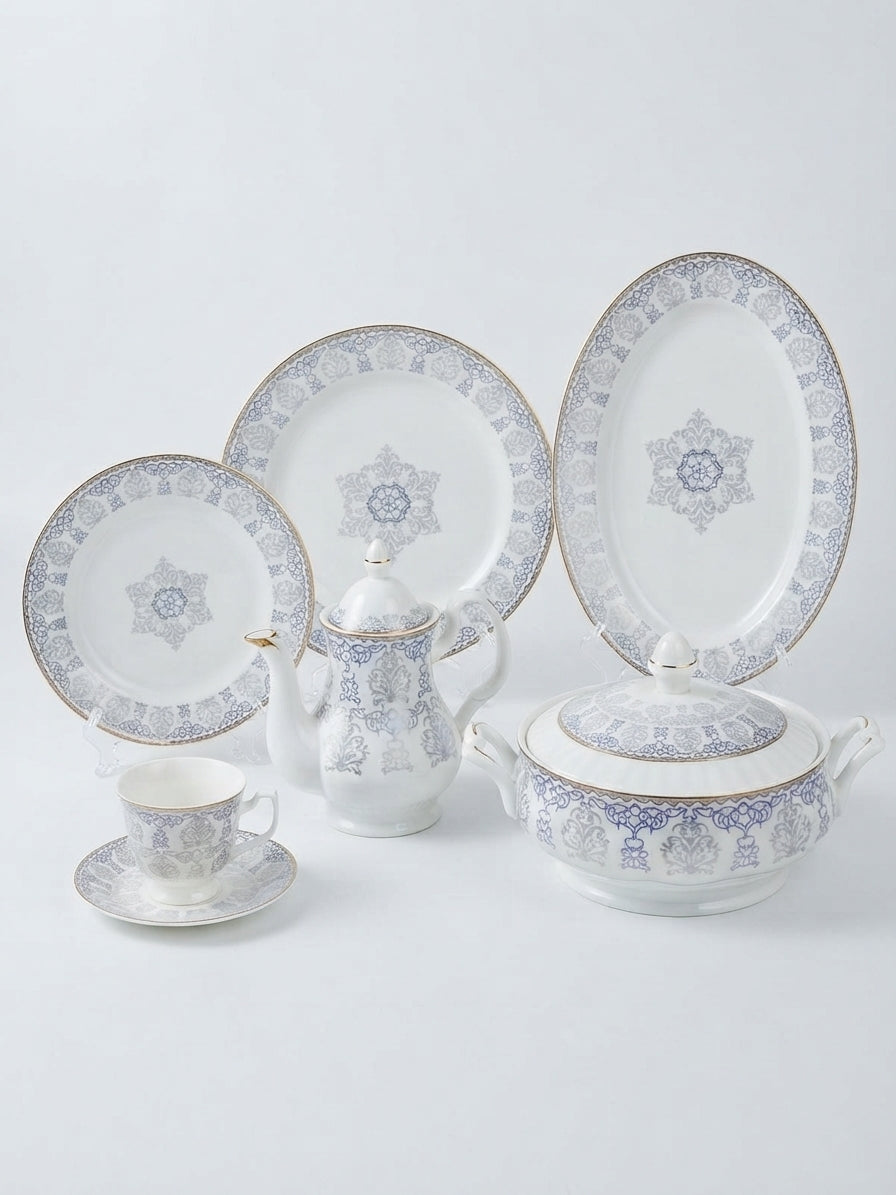 Elegant Blue & Gold Pattern Ceramic Dinner Set 61Pcs – 8 Person Serving