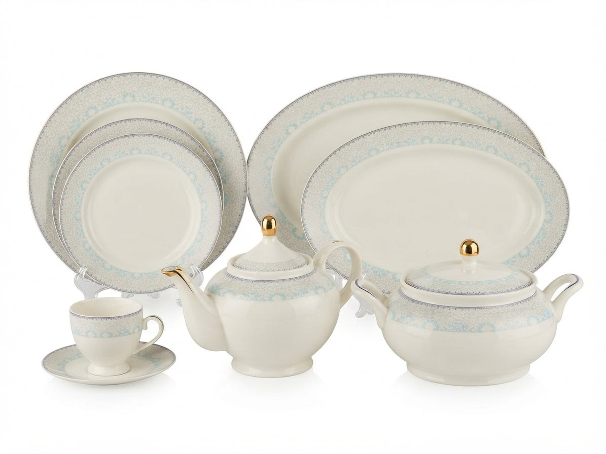 61-Piece Blue & Gold Damask Porcelain Dinnerware Set for 8