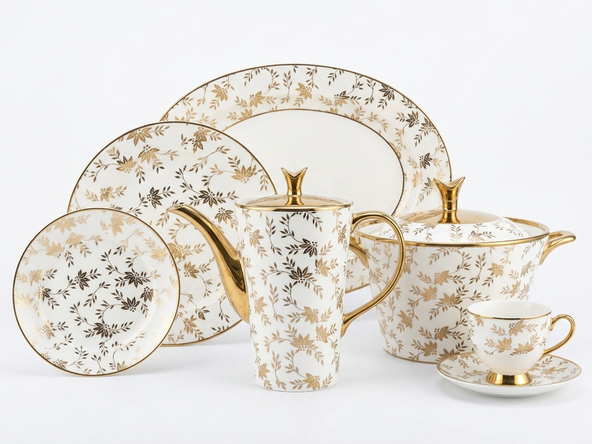 72-Piece Gilded Vine and Leaf Porcelain Dinner Set for 8