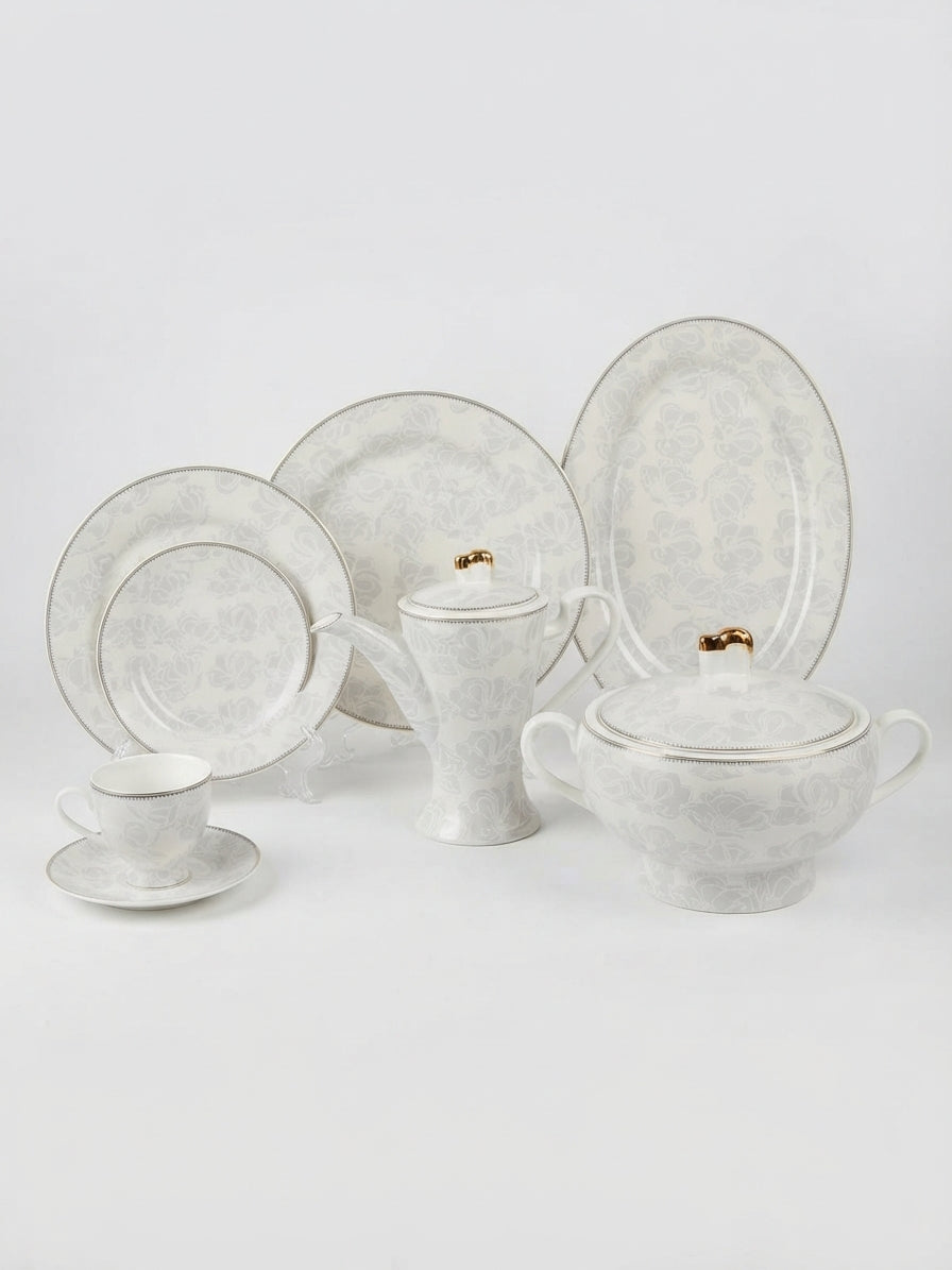 White Floral Pattern Ceramic Dinner Set 61Pcs – 8 Person