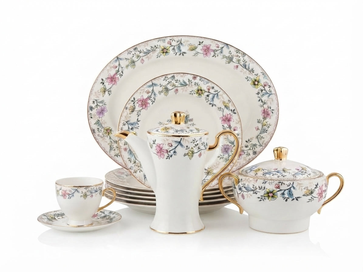 61-Piece Elegant Floral & Vine Bone China Dinnerware Set with Gold Trim