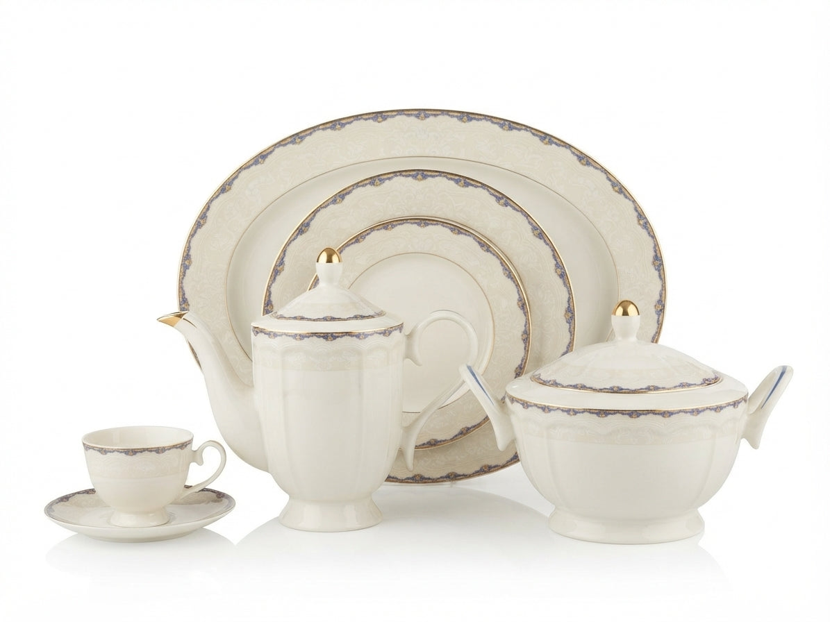 61-Piece Classic Cream & Blue Porcelain Dinnerware Set