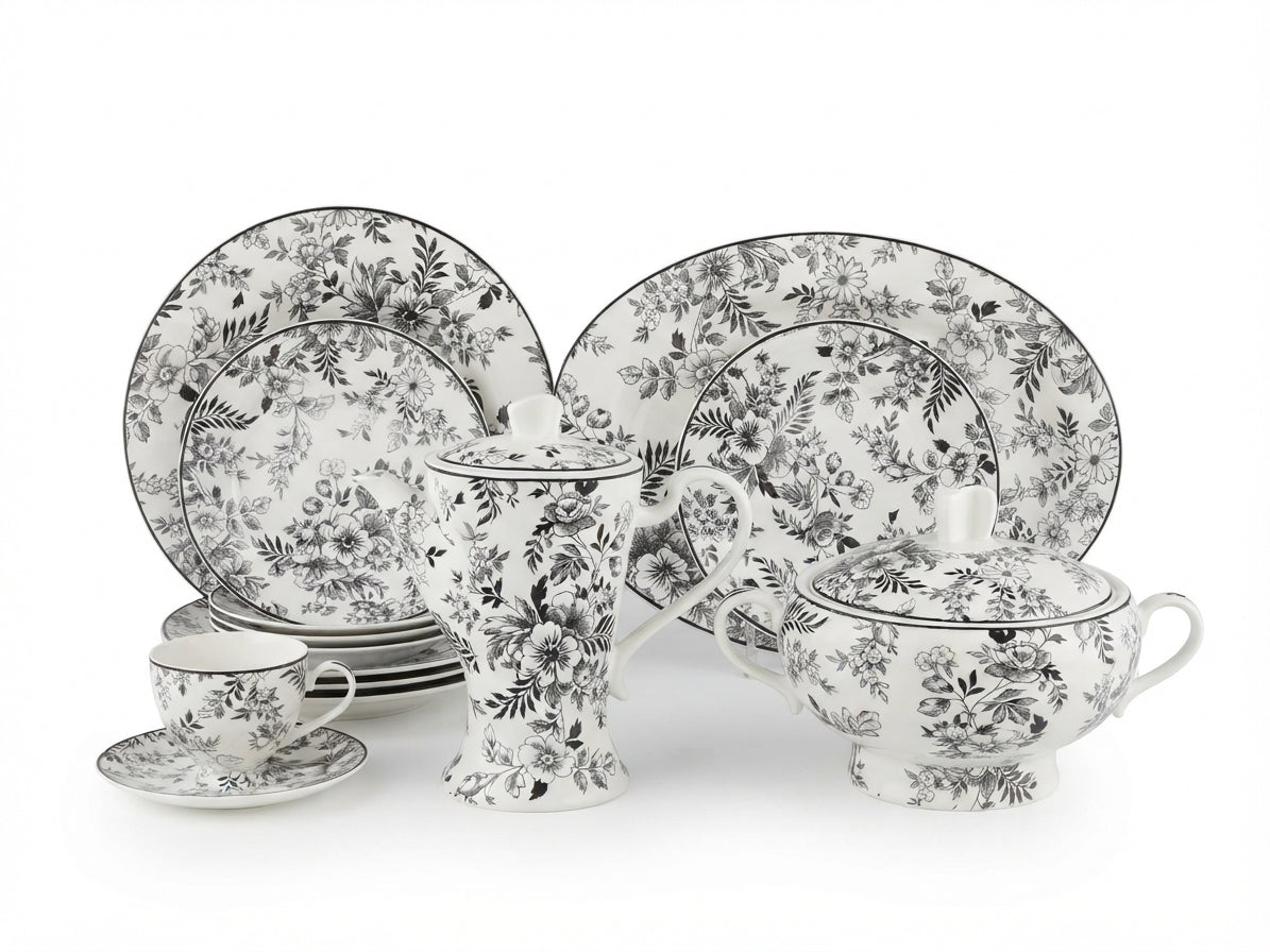 61-Piece Monochrome Floral Botanical Bone China Dinnerware Set