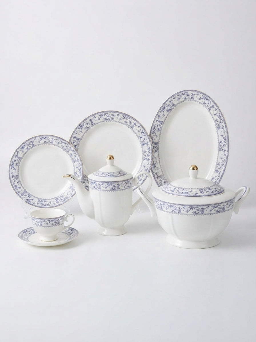 Blue Scrollwork Ceramic Dinner Set 61Pcs – 8 Person
