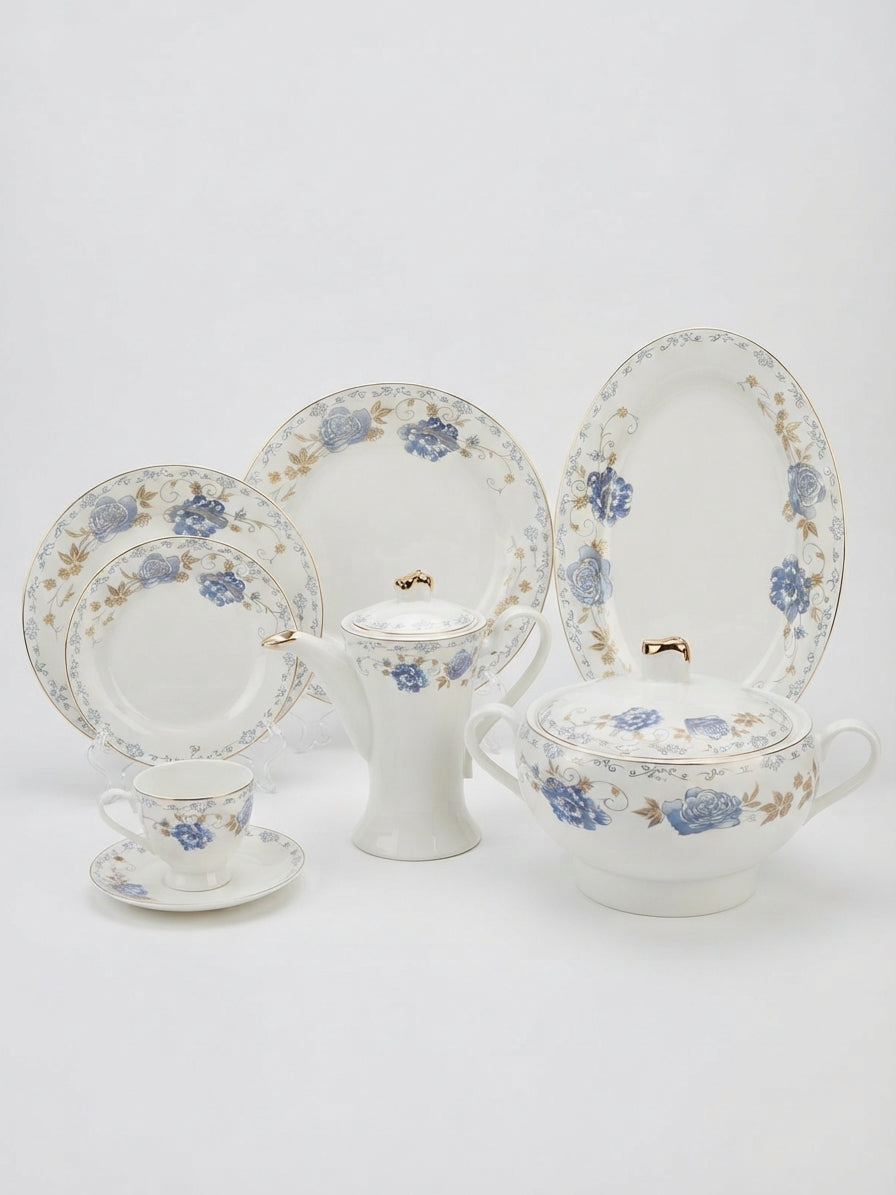 Blue Floral & Gold Ceramic Dinner Set 61Pcs – 8 Person