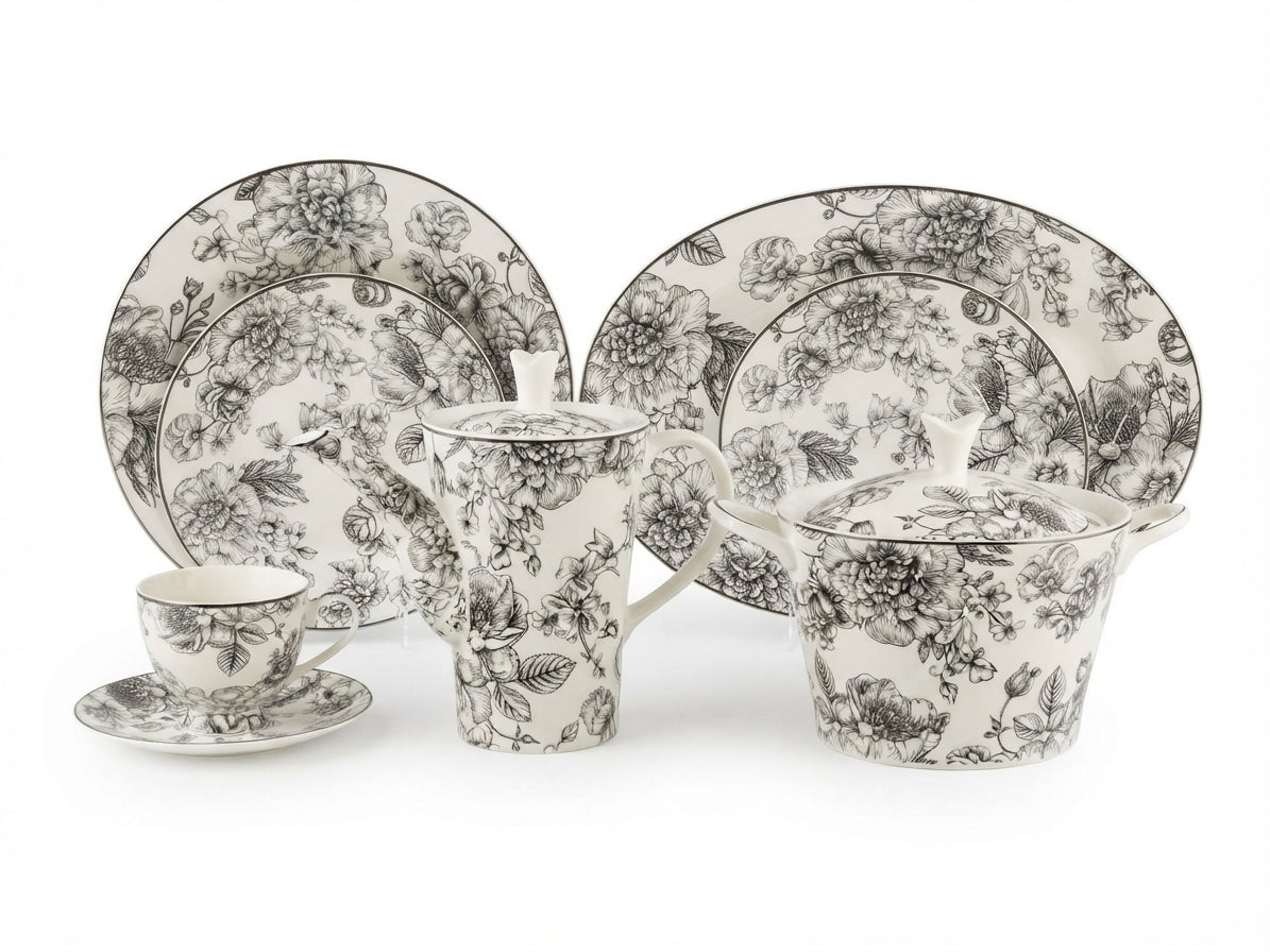 61-Piece Black & White Floral Toile Porcelain Dinnerware Set for 8