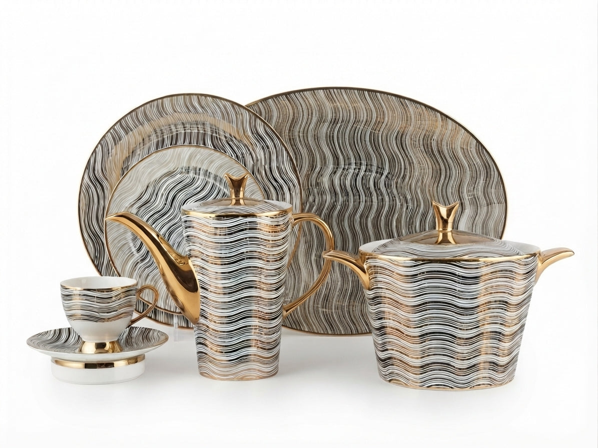 72-Piece Luxury Black & Gold Wavy Dinnerware Set