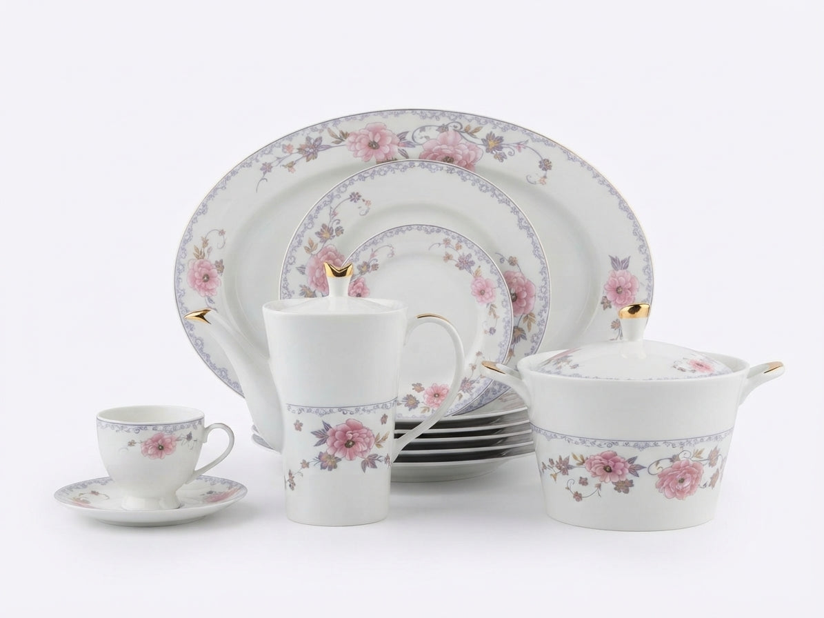 61-Piece Elegant Pink Floral & Filigree Bone China Dinnerware Set