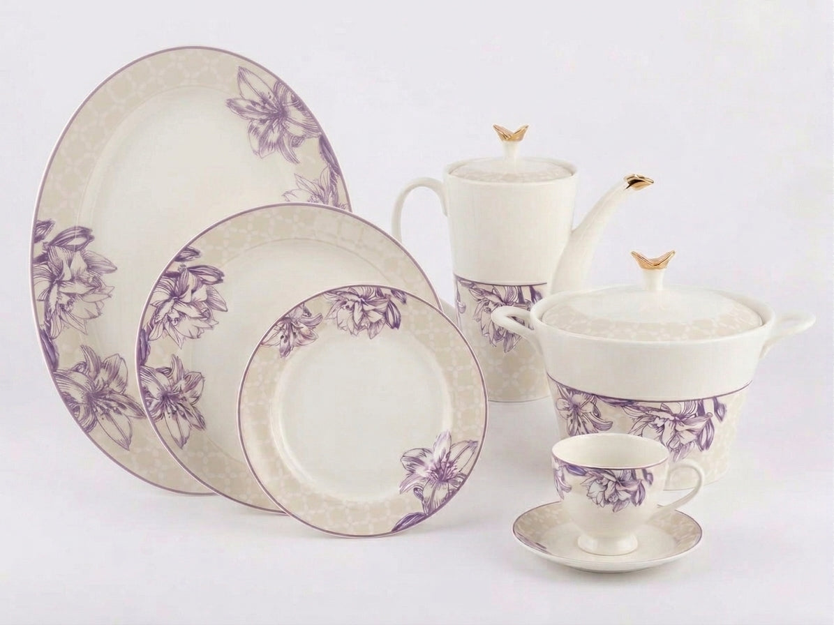 61-Piece Cream & Purple Lily Porcelain Dinner Set for 8