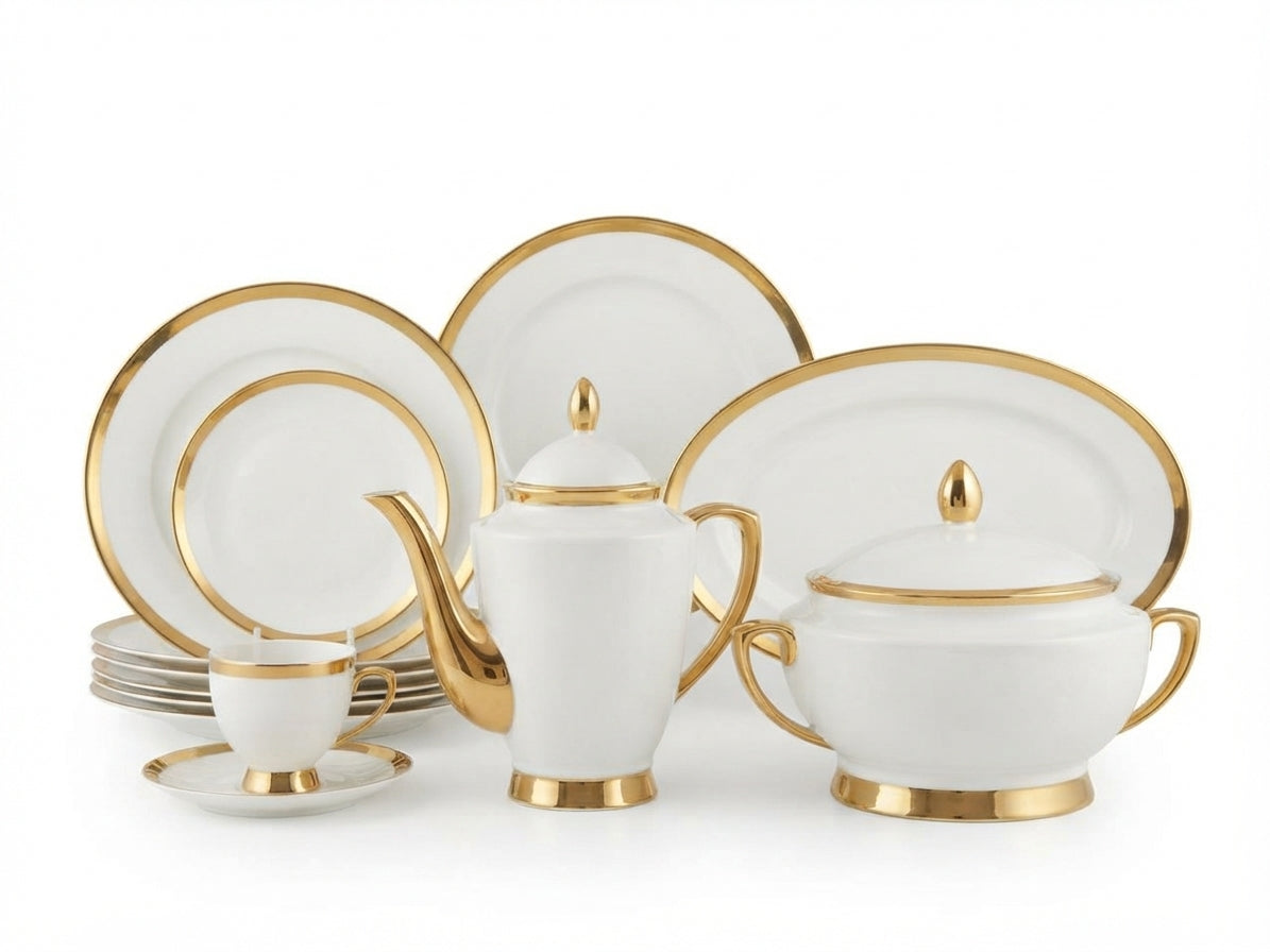 61-Piece Modern Straight-Neck Gilded Bone China Dinnerware Set
