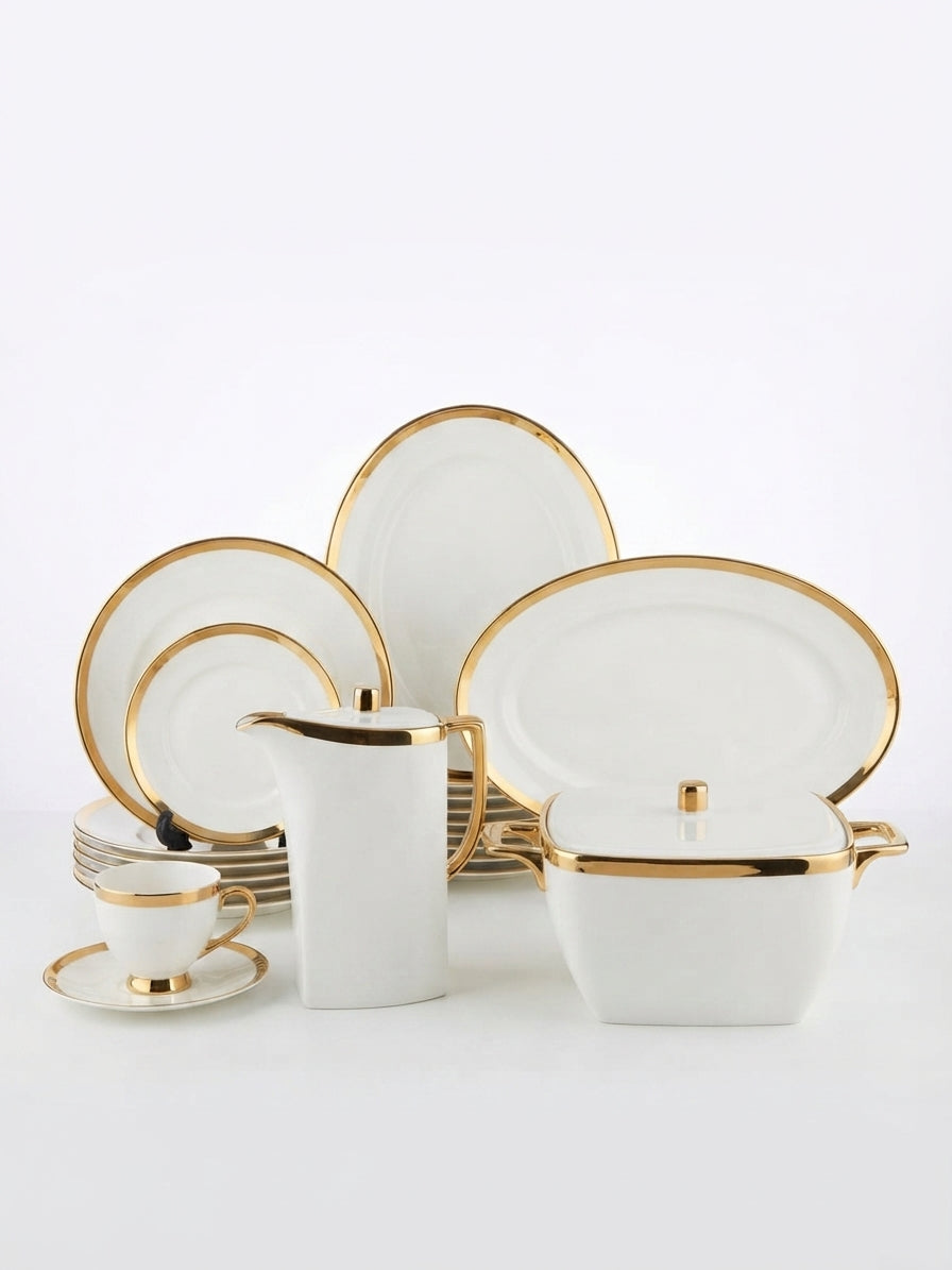 61-Piece Modern Geometric Gilded Bone China Dinnerware Set
