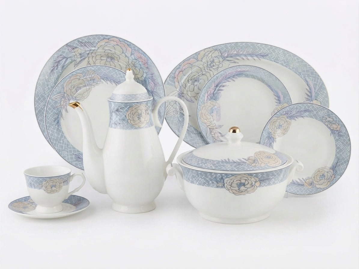 61-Piece Blue & Pastel Floral Lattice Porcelain Dinnerware Set for 8