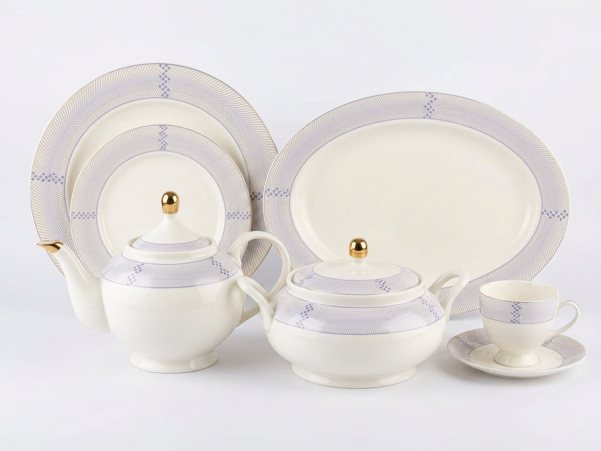 61-Piece Modern Blue Chevron & Gold Porcelain Dinner Set for 8