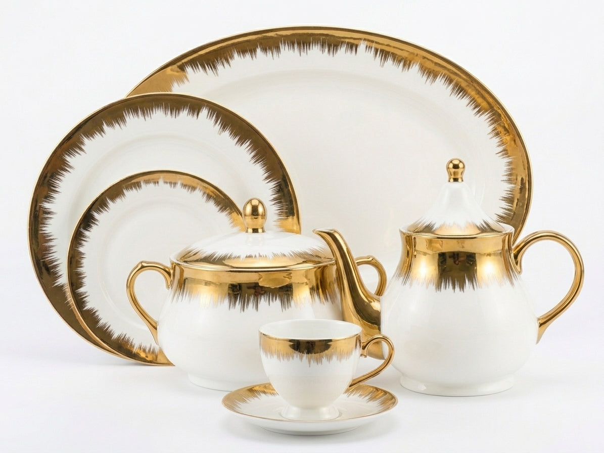 61-Piece Cream & Gold Electro Bone Dinner Set for 8