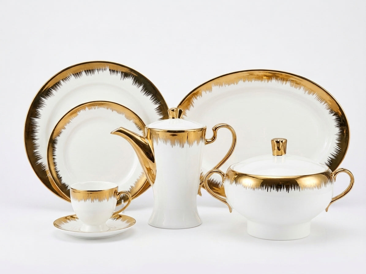 61-Piece Modern Feathered Gold Rim Bone China Dinner Set for 8
