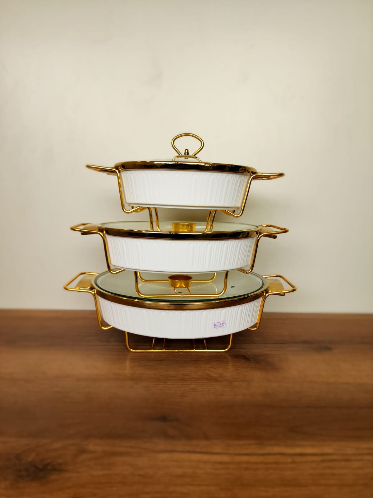 3-Piece White Ribbed Ceramic Buffet Dish Set with Gold Stand (ML-877)