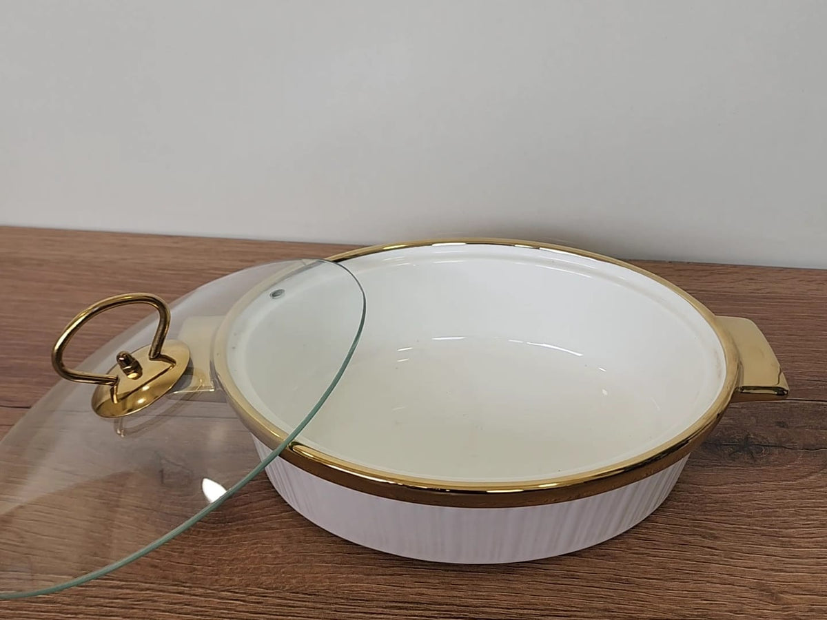 3-Piece White Ribbed Ceramic Buffet Dish Set with Gold Stand (ML-877)