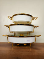 3-Piece White Ribbed Ceramic Buffet Dish Set with Gold Stand (ML-877)