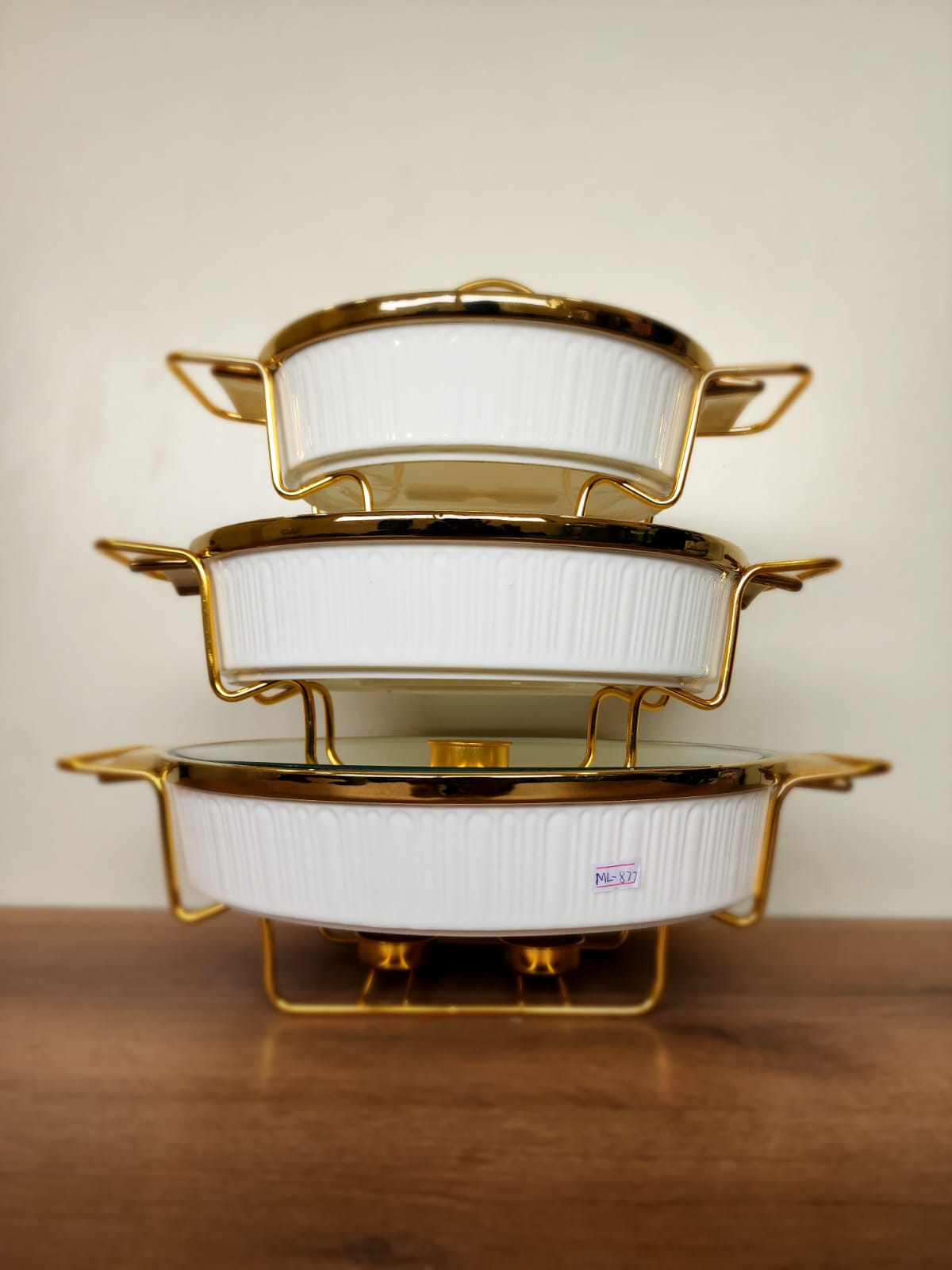 3-Piece White Ribbed Ceramic Buffet Dish Set with Gold Stand (ML-877)