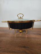3-Piece Black Ribbed Ceramic Buffet Dish Set with Gold Stand (ML833)