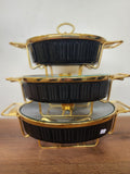 3-Piece Black Ribbed Ceramic Buffet Dish Set with Gold Stand (ML833)