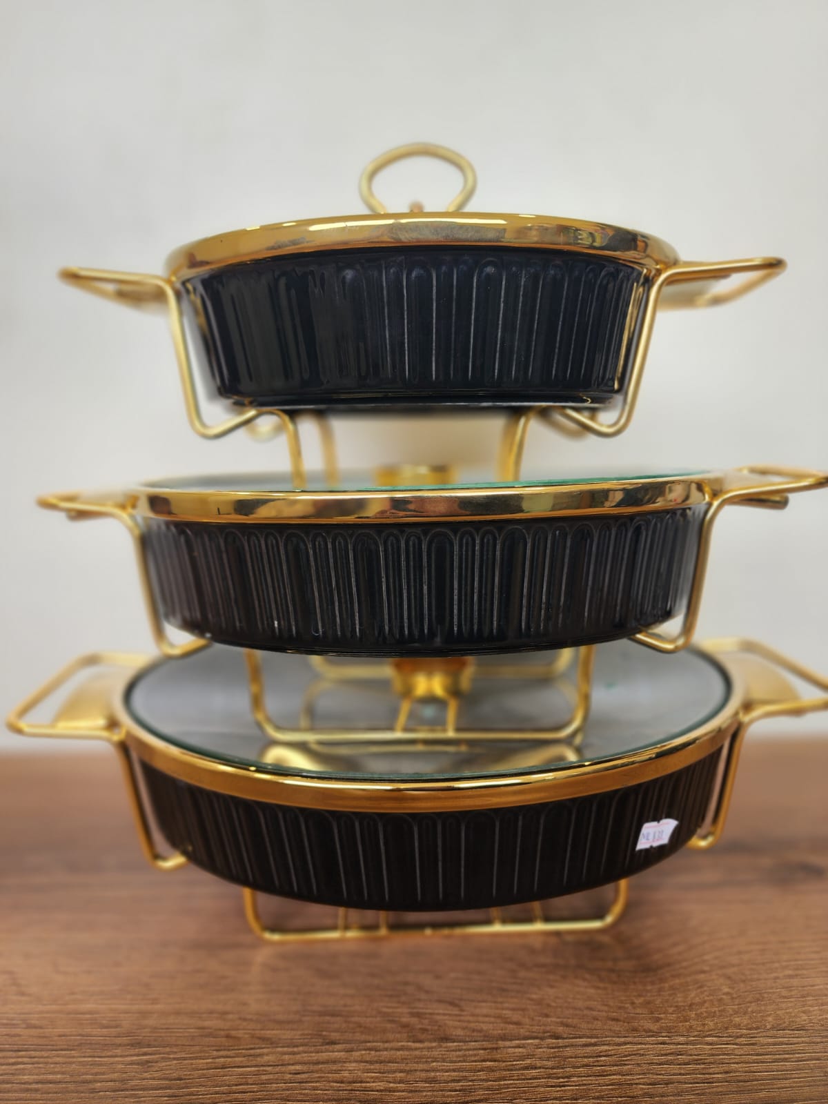3-Piece Black Ribbed Ceramic Buffet Dish Set with Gold Stand (ML833)